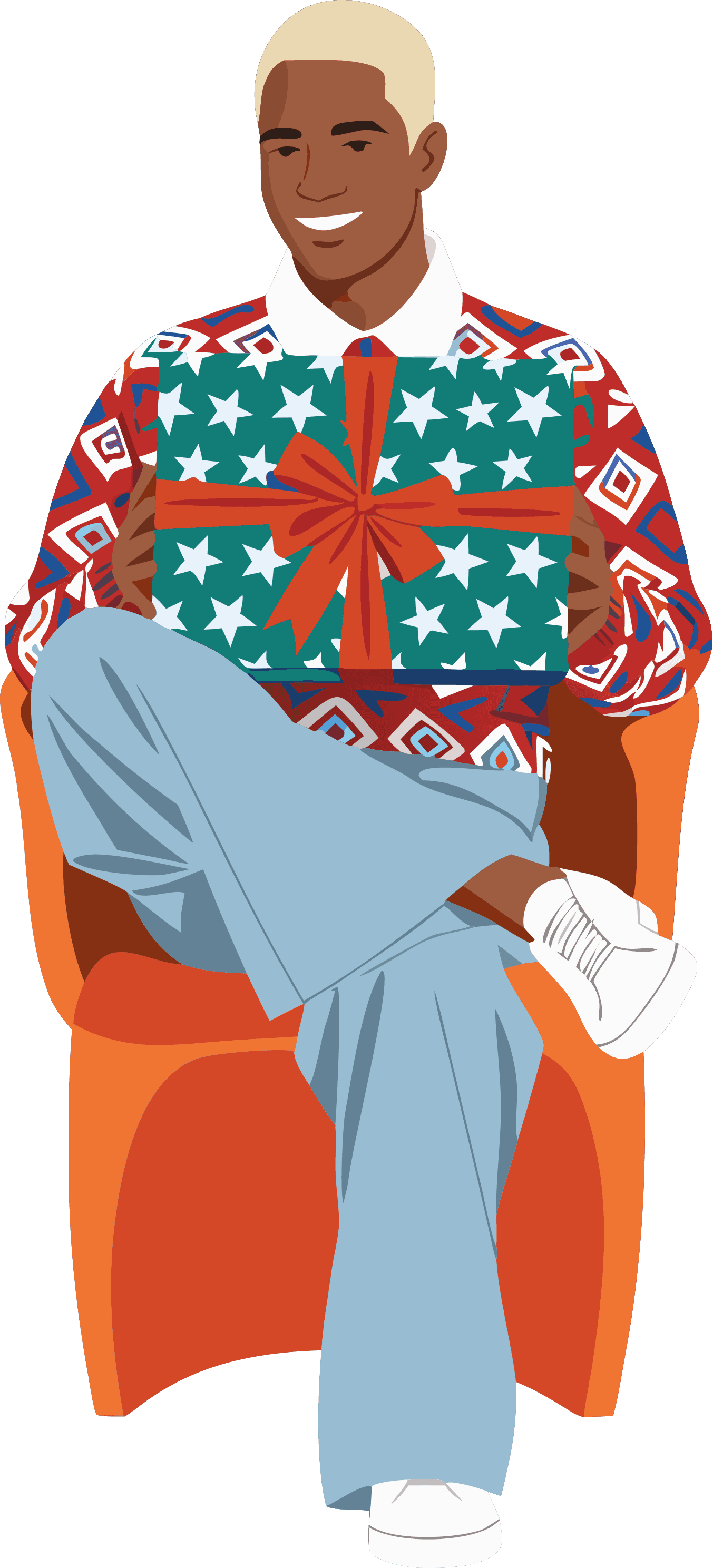 A smiling man seated with a wrapped gift for his loved ones