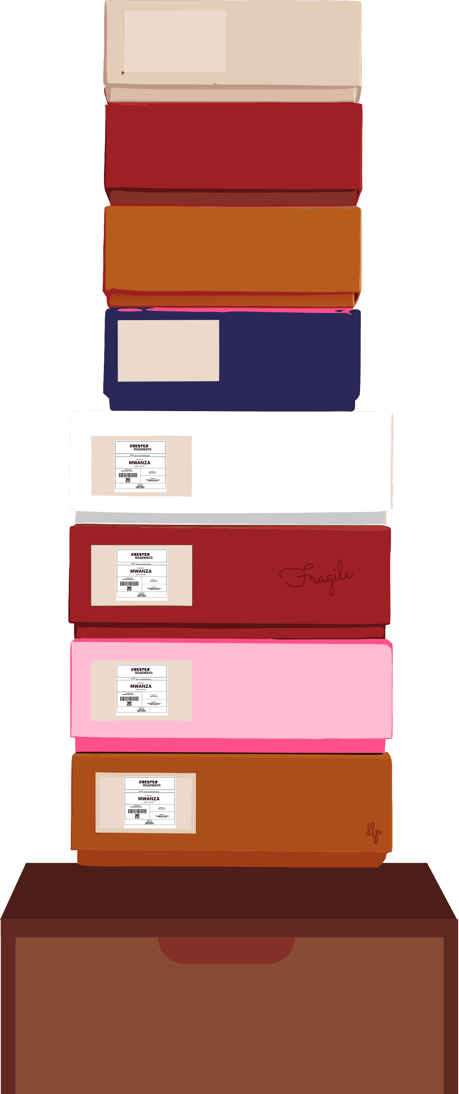 A stack of labelled parcels and storage boxes
