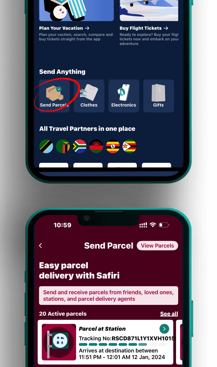 Safiri app home screen and parcel overview
